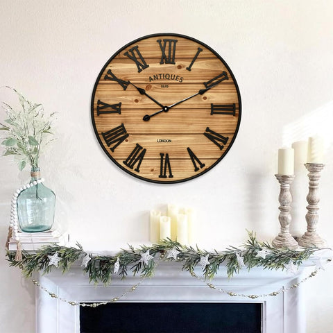 24 Inch Farmhouse Wall Clock - Antique Rustic Wood Finish, Silent Battery-Operated Timepiece with Stylish Decor