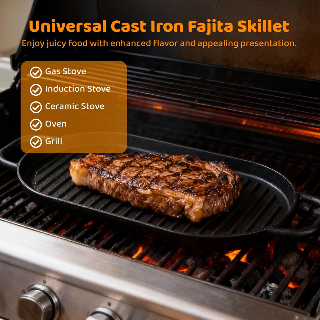 Cast Iron Skillet Set, 2 PCS Fajita Plate Sizzling Pan Cast Iron Plates with Wooden Base Removable Handle, Steak Pan