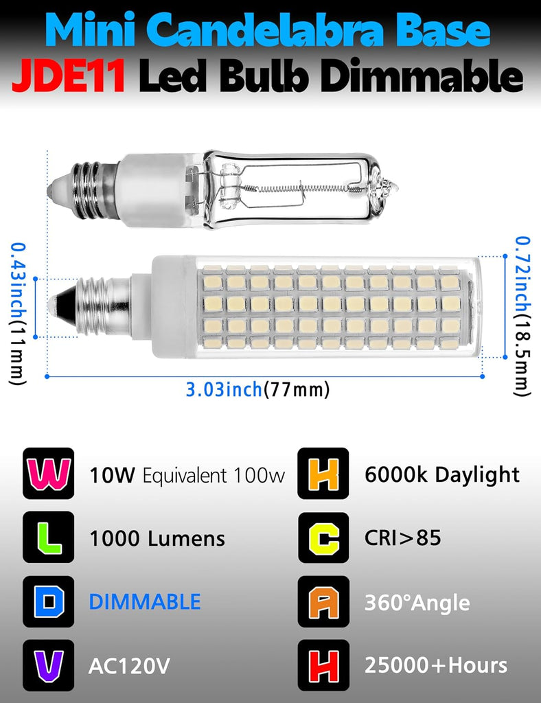 Dimmable JD E11 Led Bulb 10W, 100W Halogen Equivalent, 6000K Daylight White