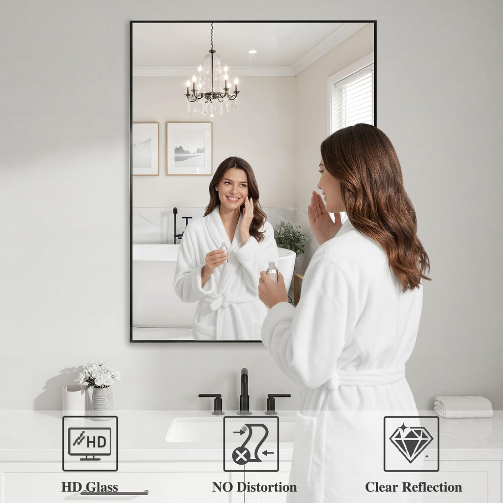 Black Mirrors for Wall, 30x40 Inch Bathroom Mirror, Rectangular Wall Mirror Bedroom Bathroom, Hangs Horizontally or