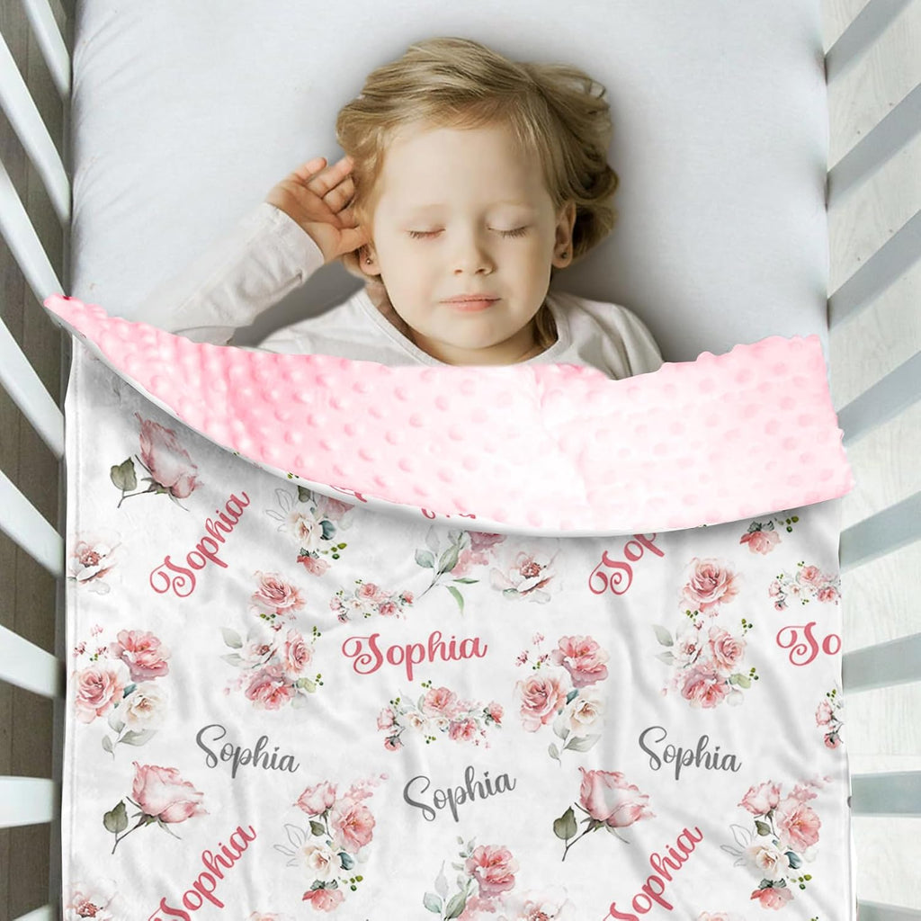 Personalized Baby Blankets with Name - Custom Pink Floral Pattern Baby Girl Blanket - Soft Minky Dot Blanket