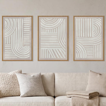 Large Abstract Neutral Geometric Framed Canvas Wall Art Set, Mid Century Modern Boho Wall Decor, Minimalist Arch Line