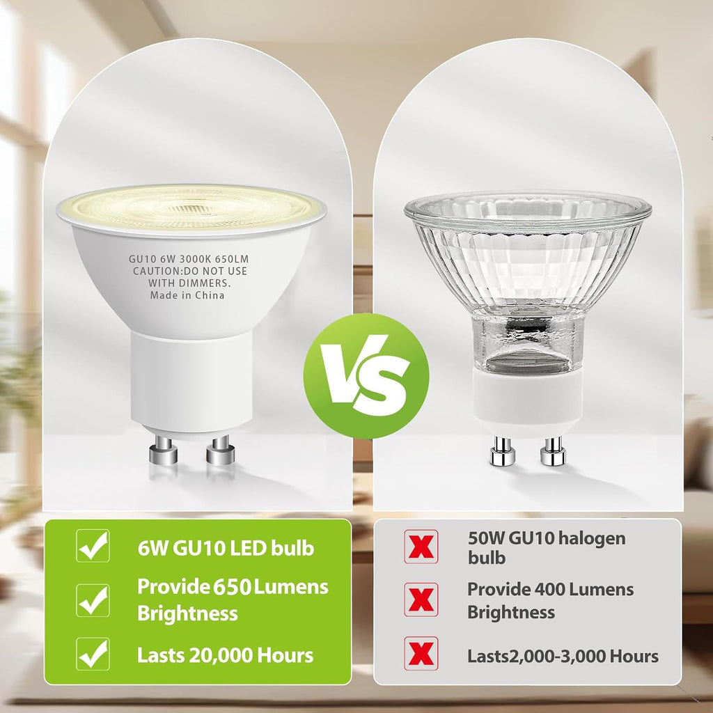 10 Pack GU10 Led Bulb 6W Equivalent 50W, MR16 Led Bulb 3000K Soft White Light Bulbs, 650 Lumens, Non-Dimmable, GU10