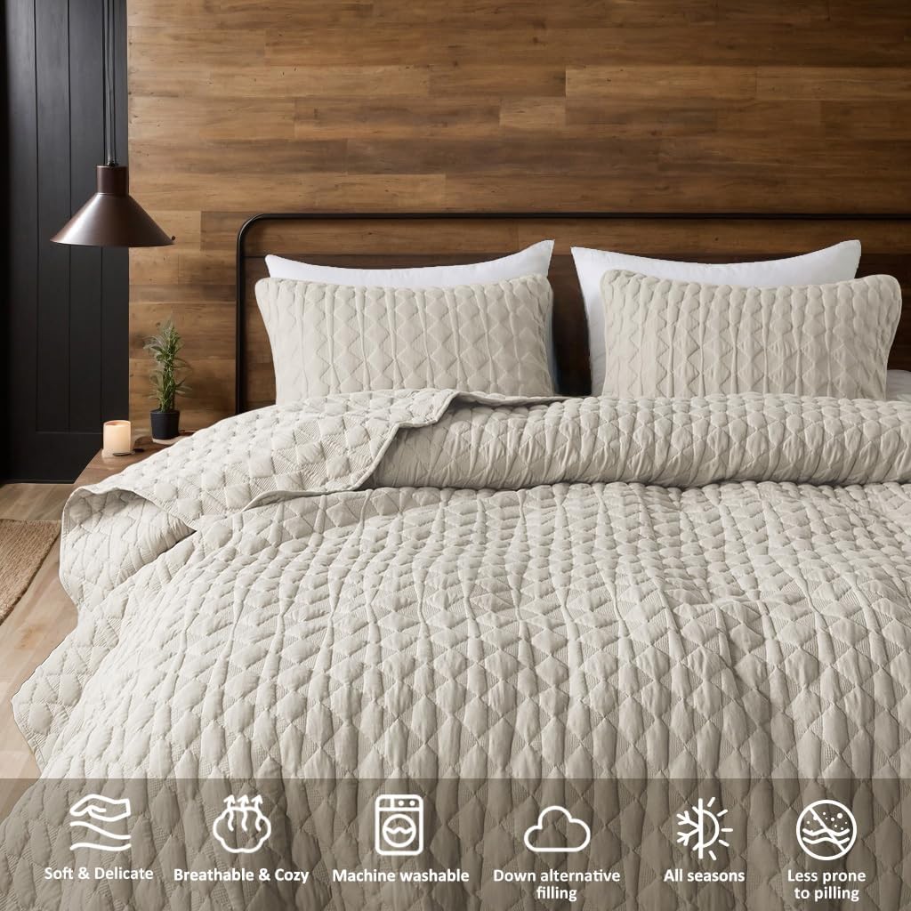 Light Beige Quilt King Bedding Set with 2 Pillow Shams, Lightweight Soft Bedspread Coverlet, Thin Comforter Bed Cover