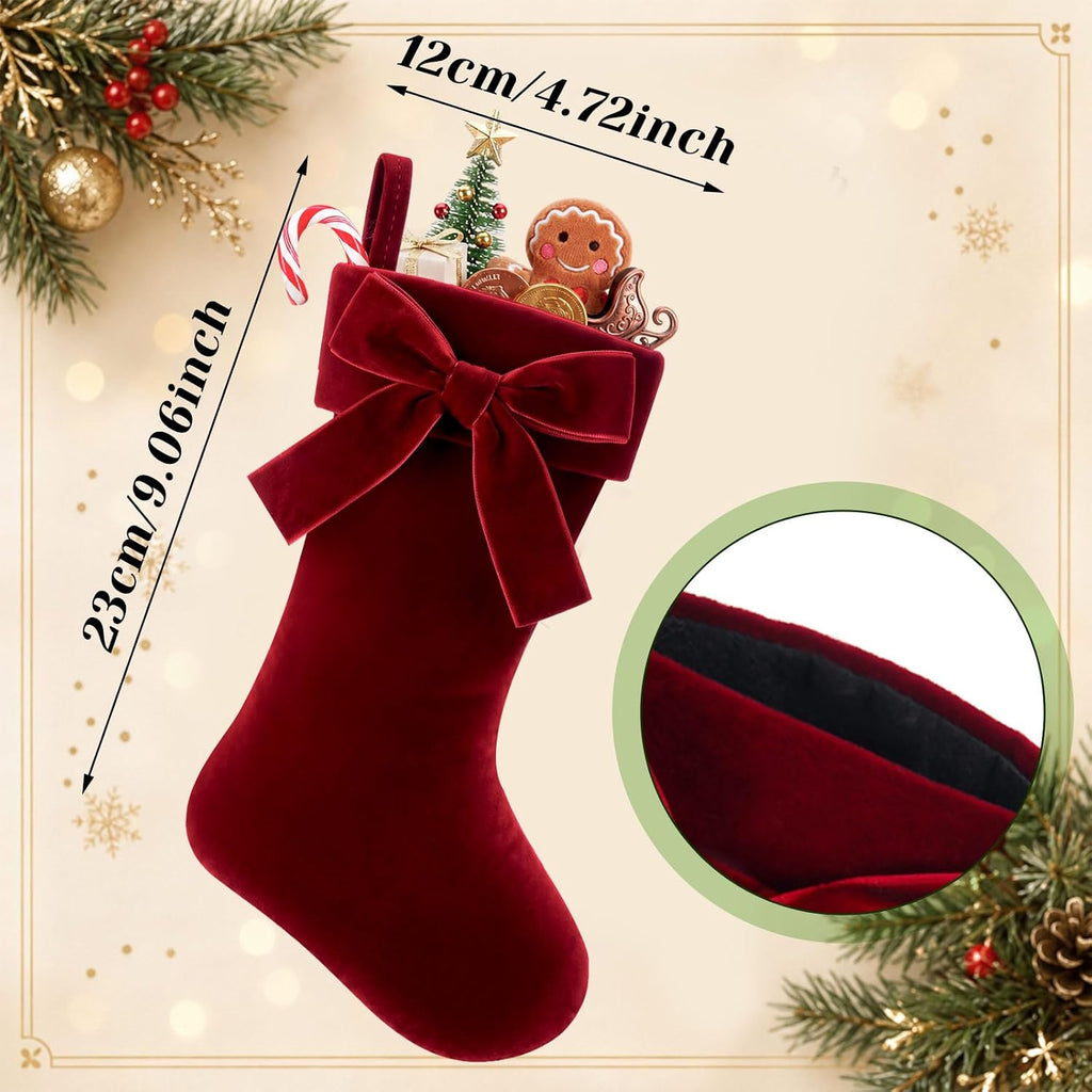 Christmas Mini Stockings 9 Inches Burgundy Velvet Stocking with Bow - Set of 12