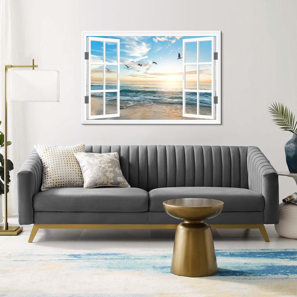 Ocean Beach Sunset Window Canvas Wall Art Seagull Seascape Paintings Coastal Picture Framed Artwork Living Room