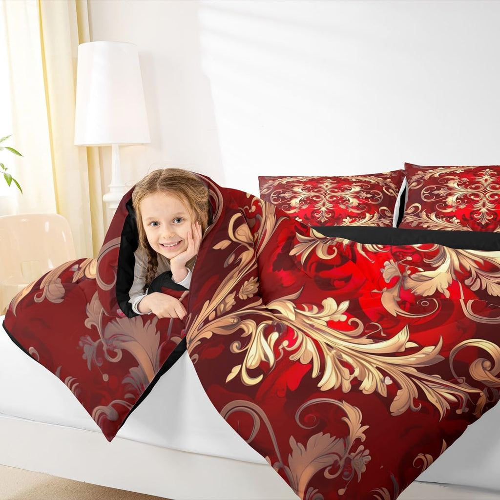 Just Print Red Damask Print Twin Size Comforter Set