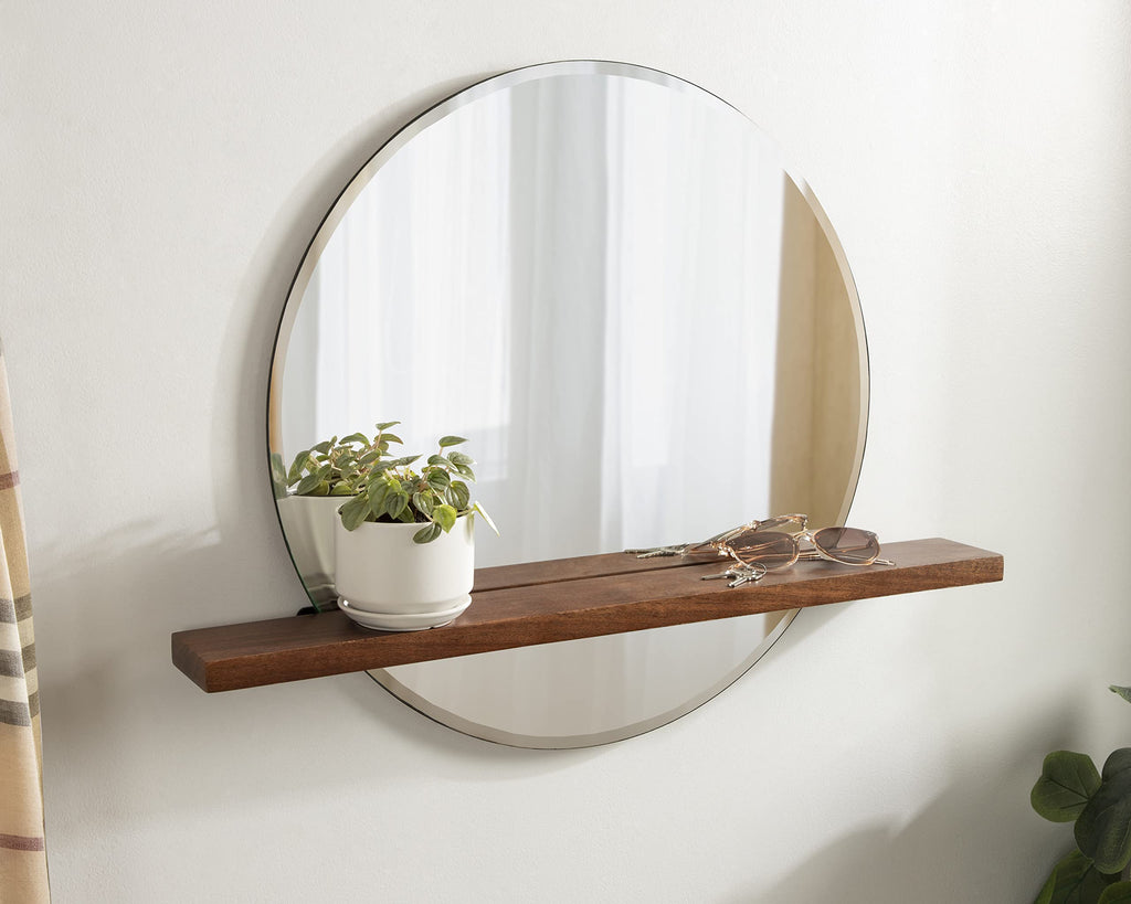 Fossett Frameless Round Wall Mirror, 24 Inch Diameter, Walnut Brown, Decorative Functional Mirror with Shelf