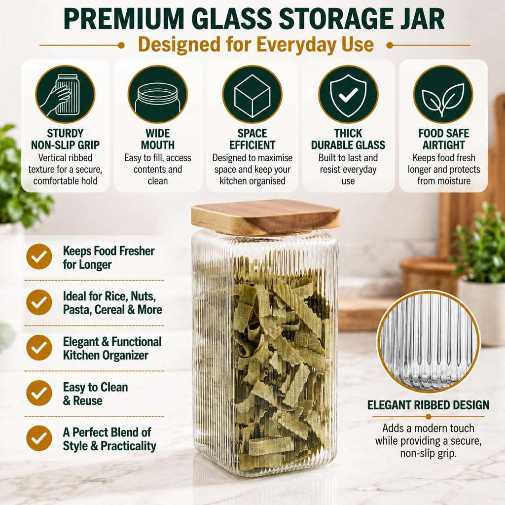 Ribbed Glass Square Jar with Wooden Lid 58fl.oz - Set of 3 | Airtight Fluted Storage Canister for Food, Pasta