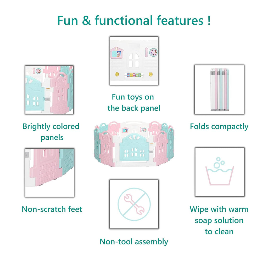12 Panel Rumi Baby Playpen in Pink and Blue, Easy to Fold and Store, Fun Game Panel, Indoor and Outdoor Playpen for
