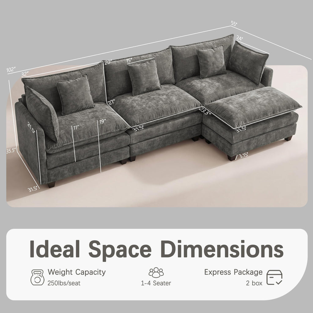 Modular Sectional Sofa 102" Oversized Cloud Couch with Ottoman