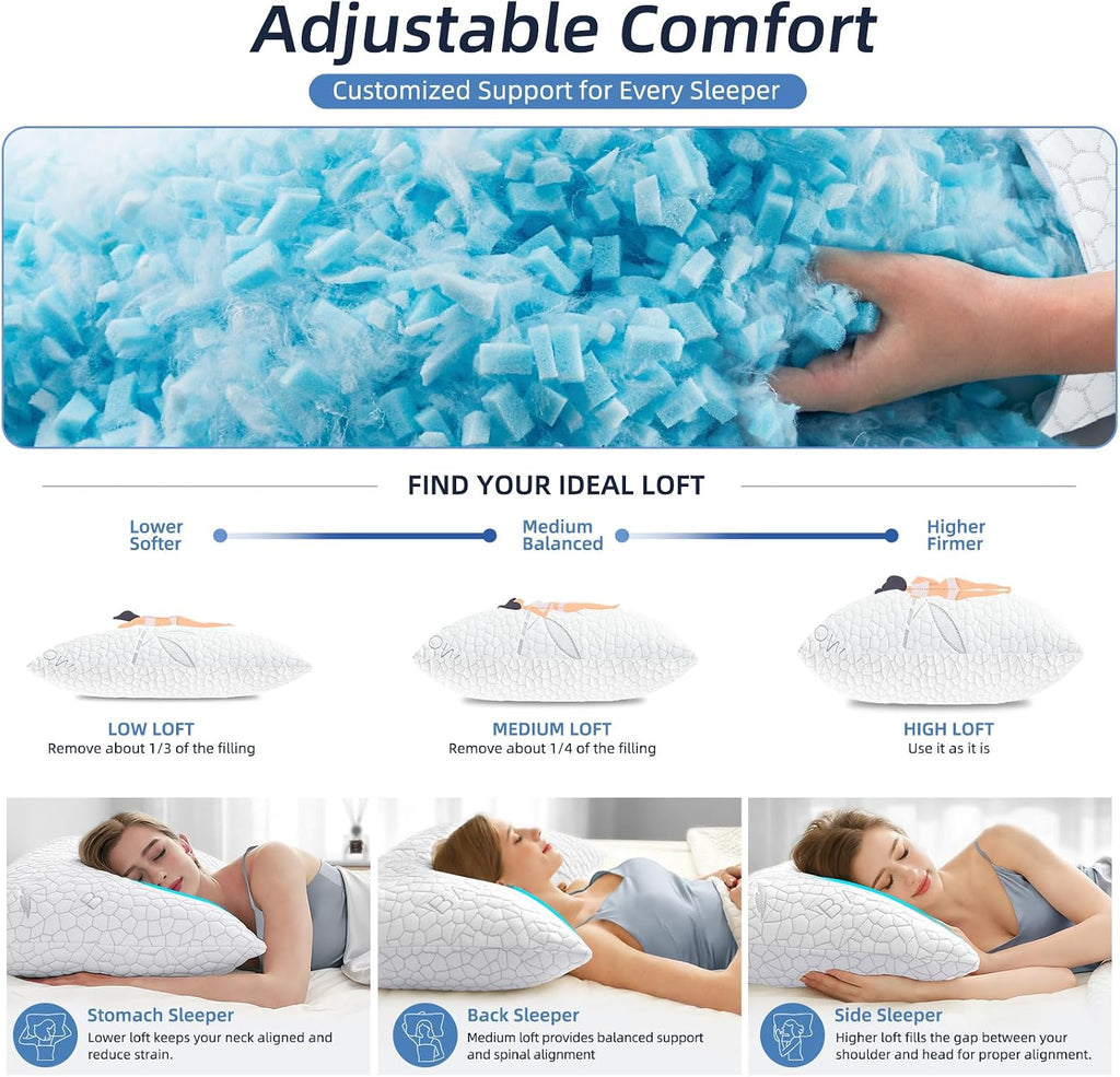 Bamboo Cooling Shredded Memory Foam Bed Pillows King Size Set of 2 | Plush Firm Support, Neck Pain Relief