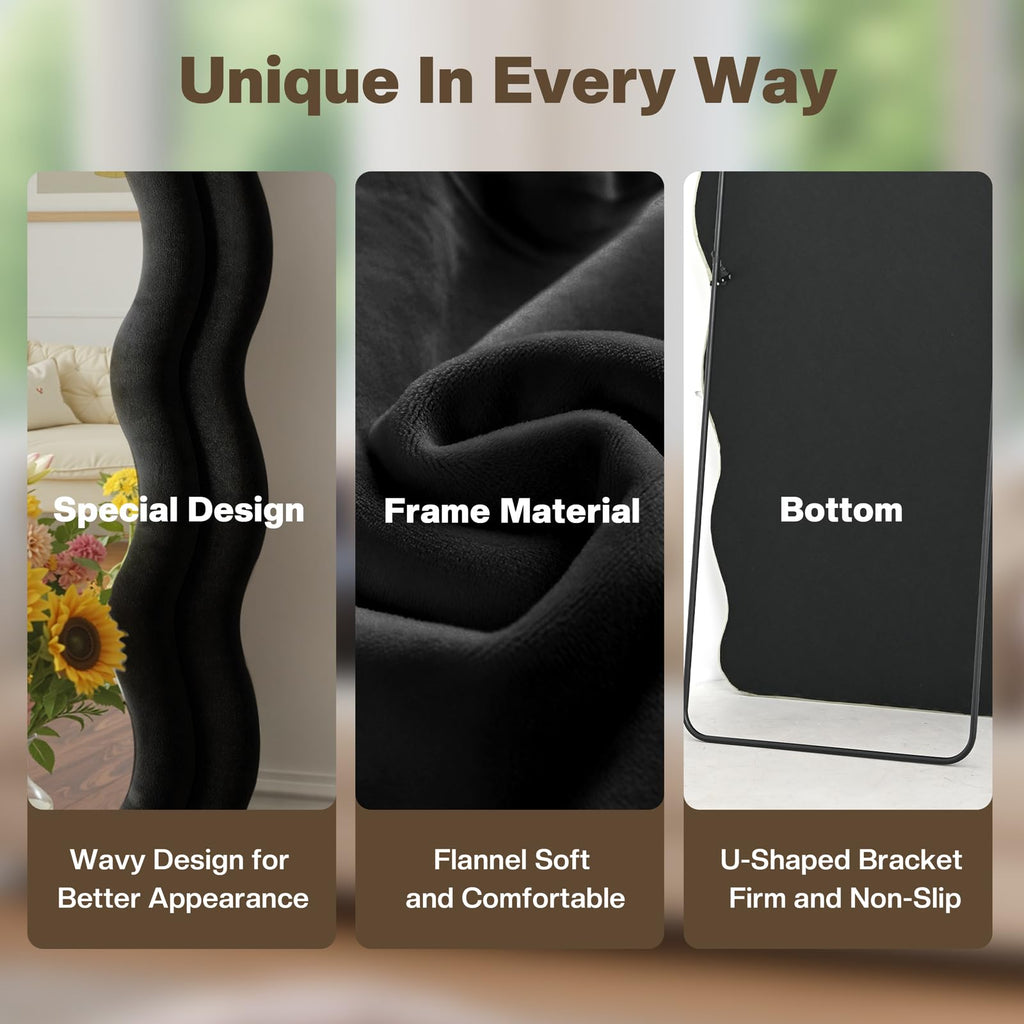 Full Length Mirror 71"x30" Irregular Wavy Full Body Wall Mounted Floor Mirror with Stand Black Flannel Frame Leaning