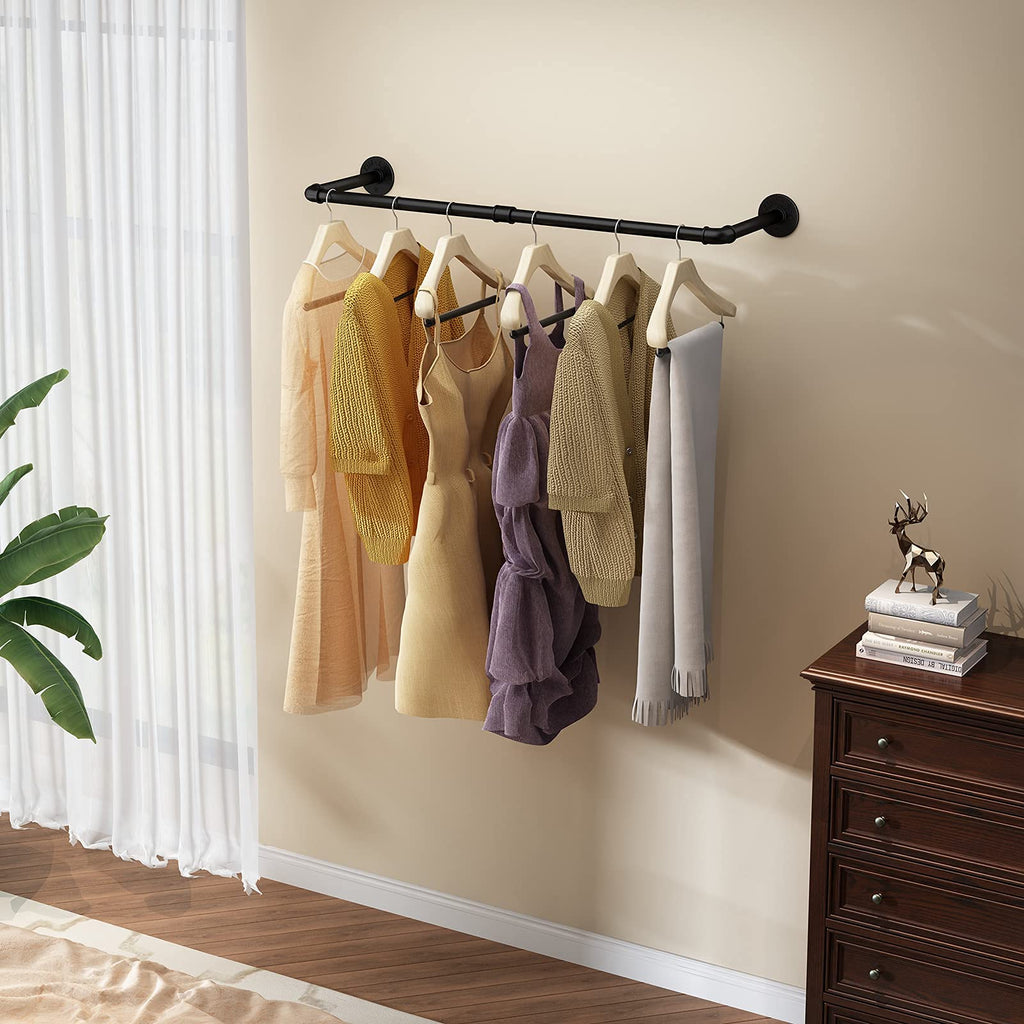 Wall Mounted Clothes Rack 38.4in, Industrial Pipe Wall Mount Clothing Rack, Heavy Duty Iron Garment Racks, Space