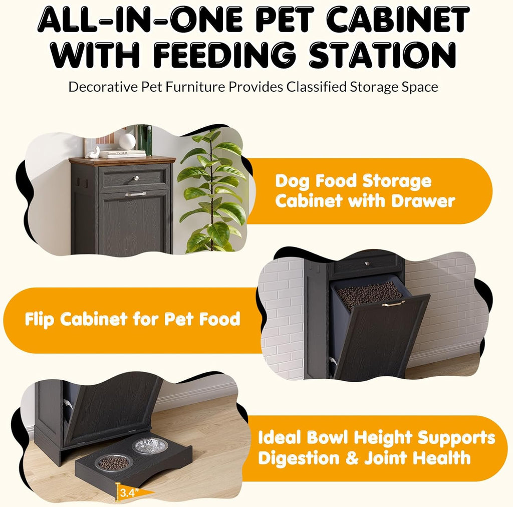 Tilt Out Trash Can Cabinet with Dog Bowl, 10 Gallons Dog Feeding Station with Storage, Dog Food Cabinet with Hideaway