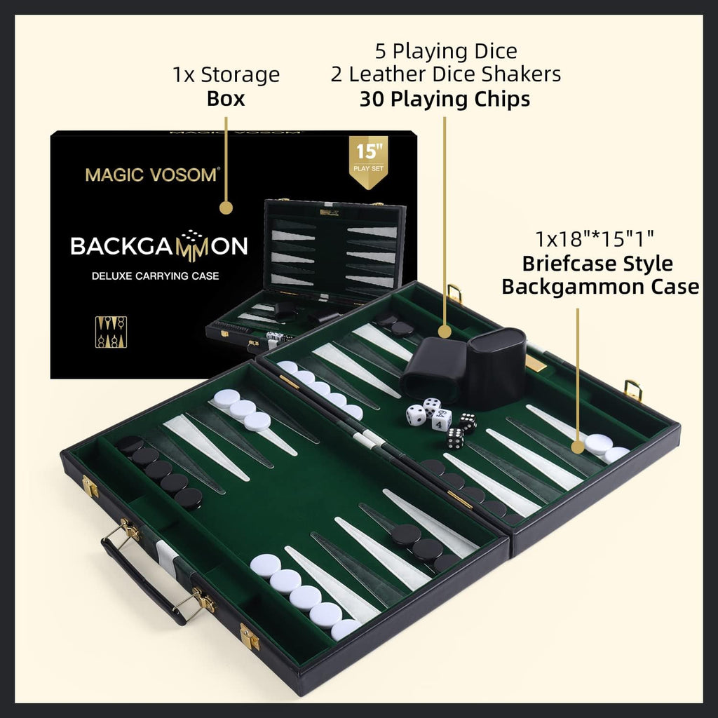 Travel Medium 15 Inch Backgammon Black Sets Classic Board Game with Premium Leather Case, Portable Travels Strategy