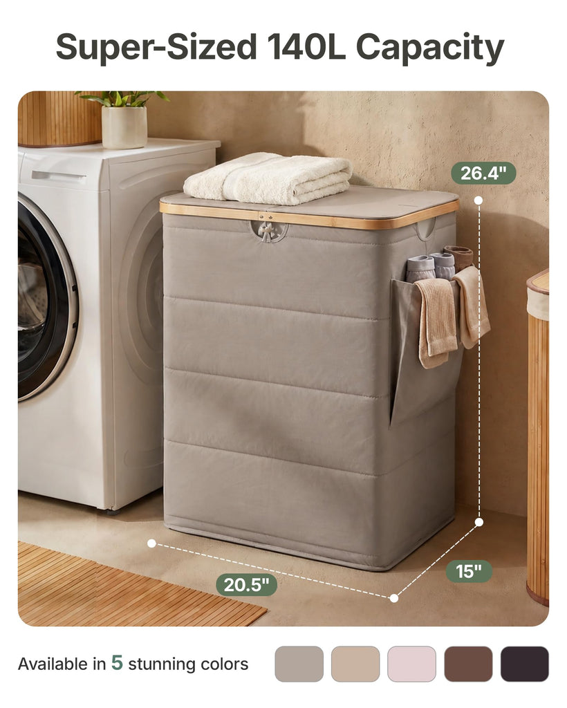 2 Section Laundry Hamper with Lid, 140L Quilted Puffer Basket