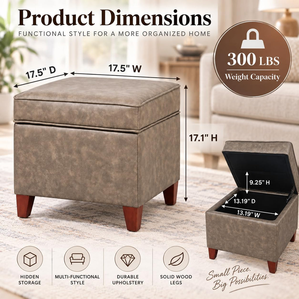 17.5" Square Storage Ottoman, Faux Leather Flip Top Footstool & Coffee Table, Upholstered Foot Rest with Wood Legs
