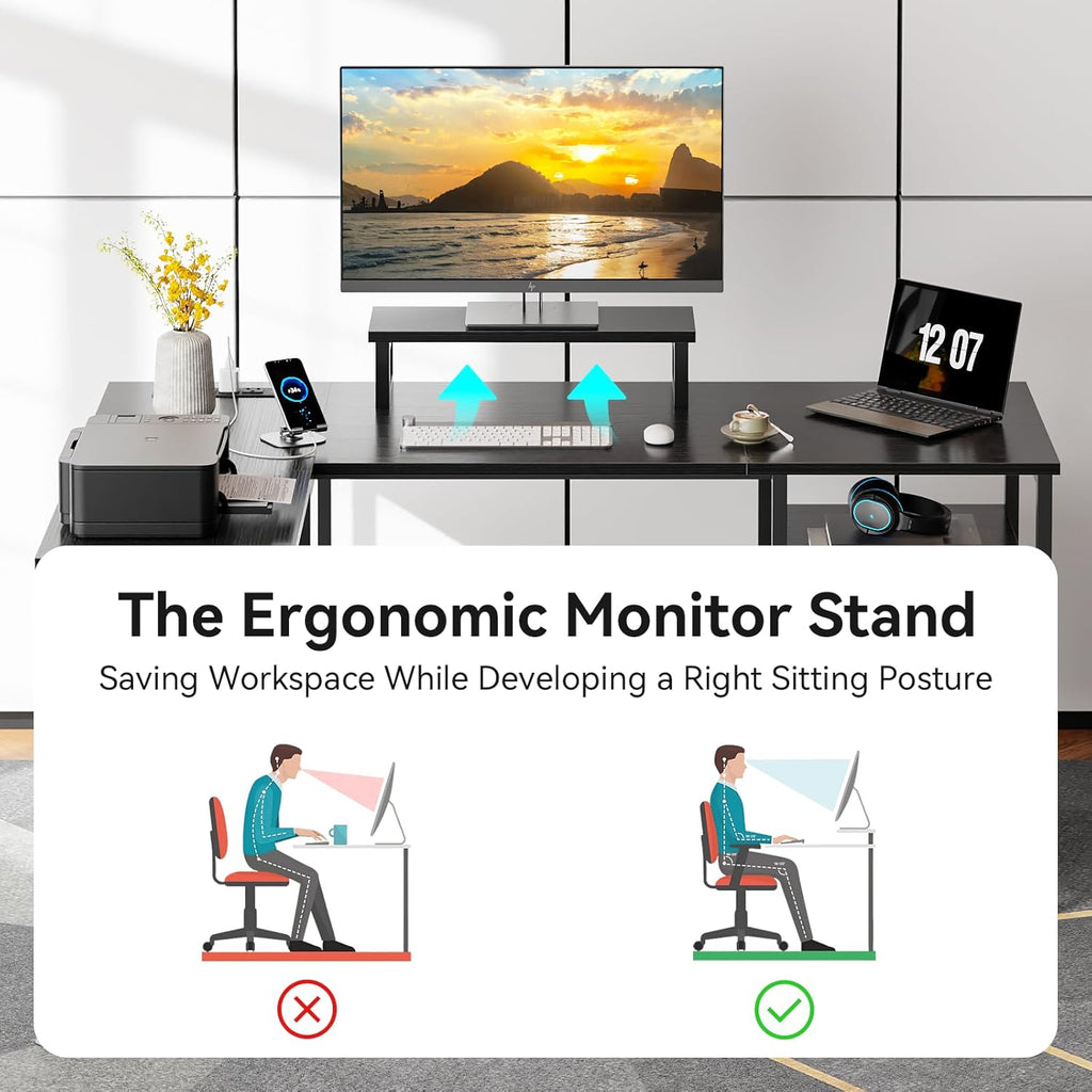 50 Inch L Shaped Gaming Desk with Power Outlet and Drawers, Black | Reversible Computer Corner Design,Fabric File