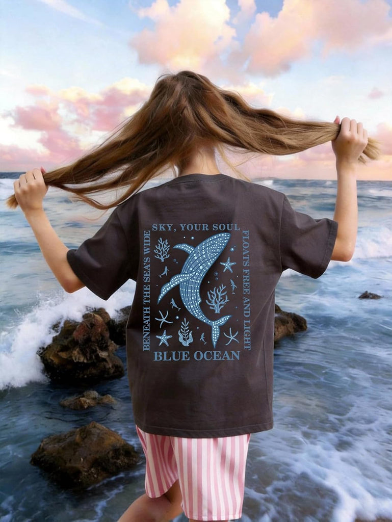 Girl's Letter Animal Graphic Tees Oversized Vacation Summer Tops