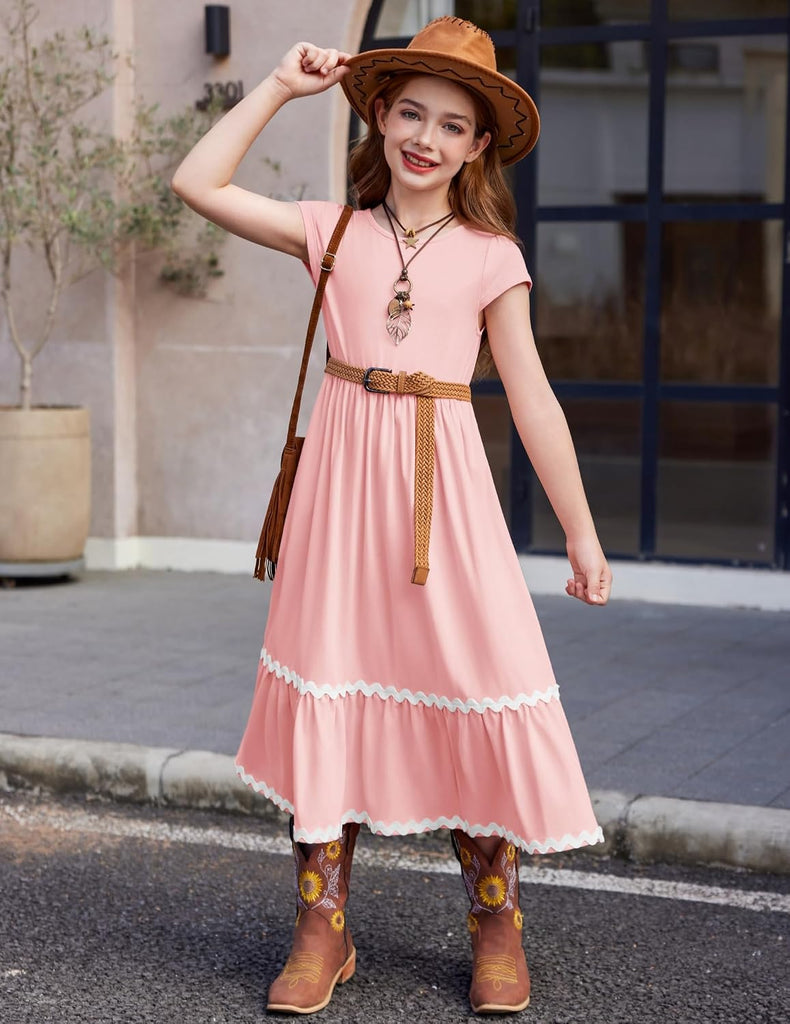 Girls Summer Maxi Dresses Short Sleeve Casual Flowy Tiered Dress