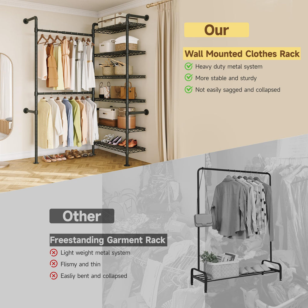 L2 Wall Mounted Closet System, Industrial Pipe Clothing Rack, Black