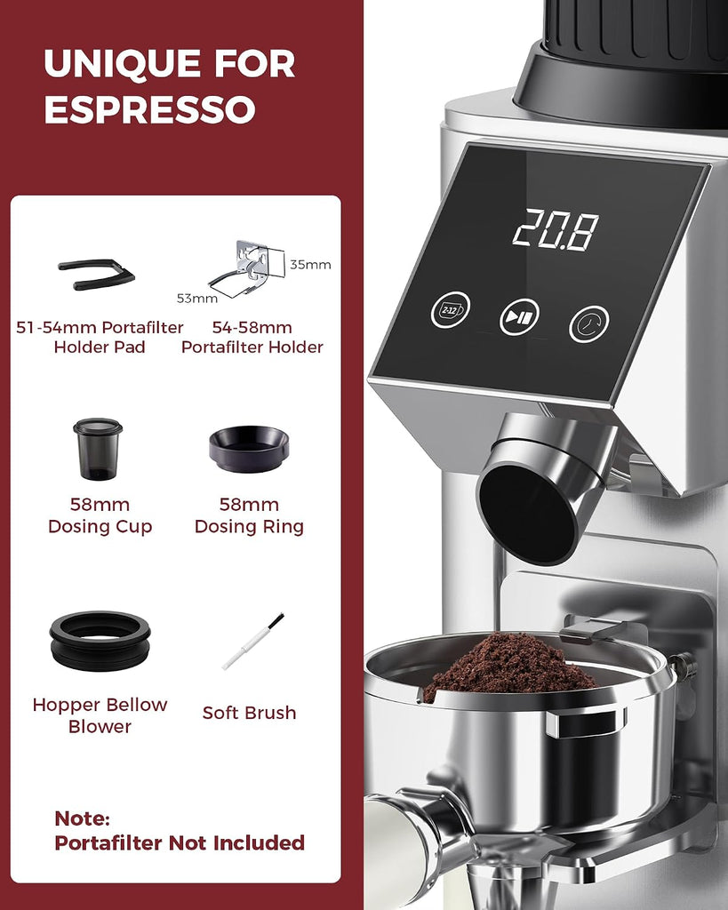 G1 Conical Burr Coffee Grinder with 48 Grind Settings, Silver | Anti-static Burr Espresso Mill, Electronic Timer and