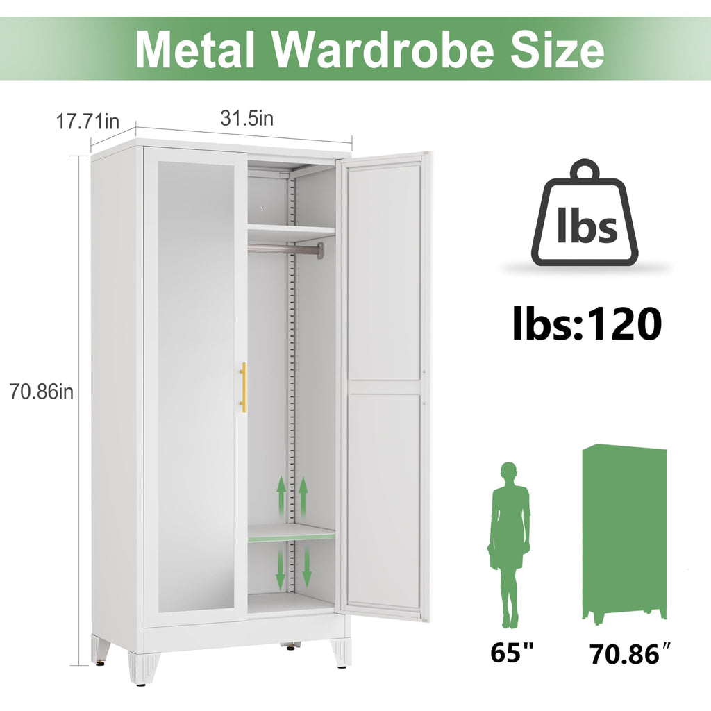 71" H Metal Armoire Wardrobe Closet with Mirror, Adjustable Shelve, Clothes Drying Pole, Steel Wardrobe Cabinet