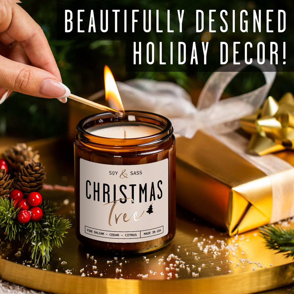 Christmas Tree Candles, Christmas Candles Scented - 'Christmas Tree' Soy Candle w/Balsam, Cedar & Citrus - Infused