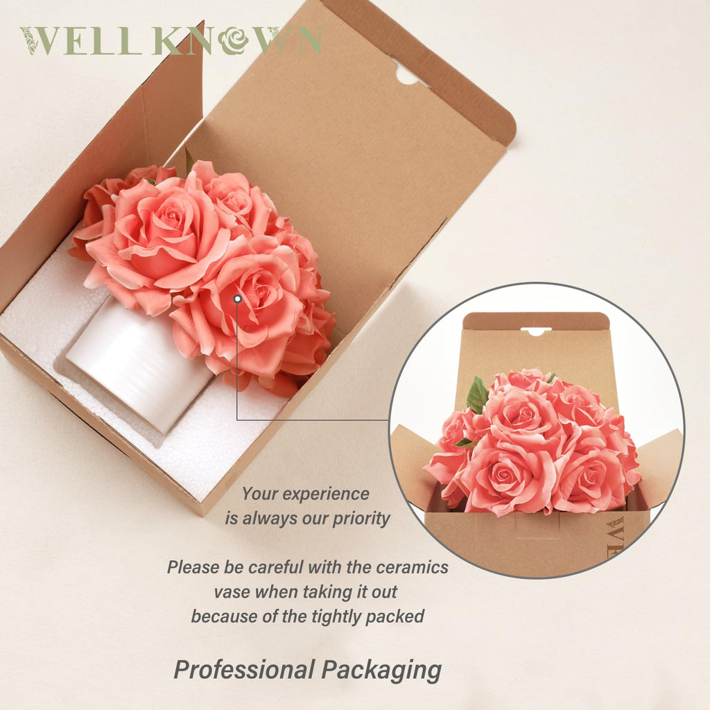Artificial Rose Bouquet in Ceramic Vase, Silk Flower Arrangement in Pot, Real Touch Fake Flowers with White Vase for