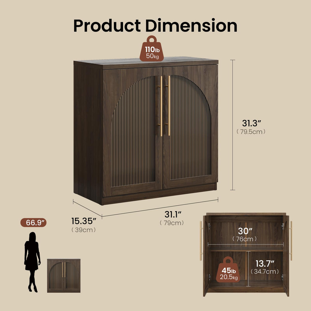 Arched Sideboard Cabinet, 31" Modular Storage Credenza, Walnut