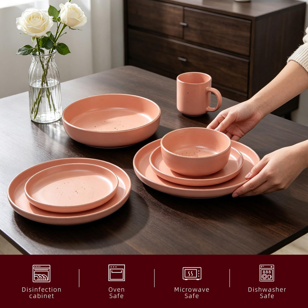 20-Piece Dinnerware Set - Serves 4, Matte Rose Glaze plates and bowls sets with Speckle Effect for Microwave &