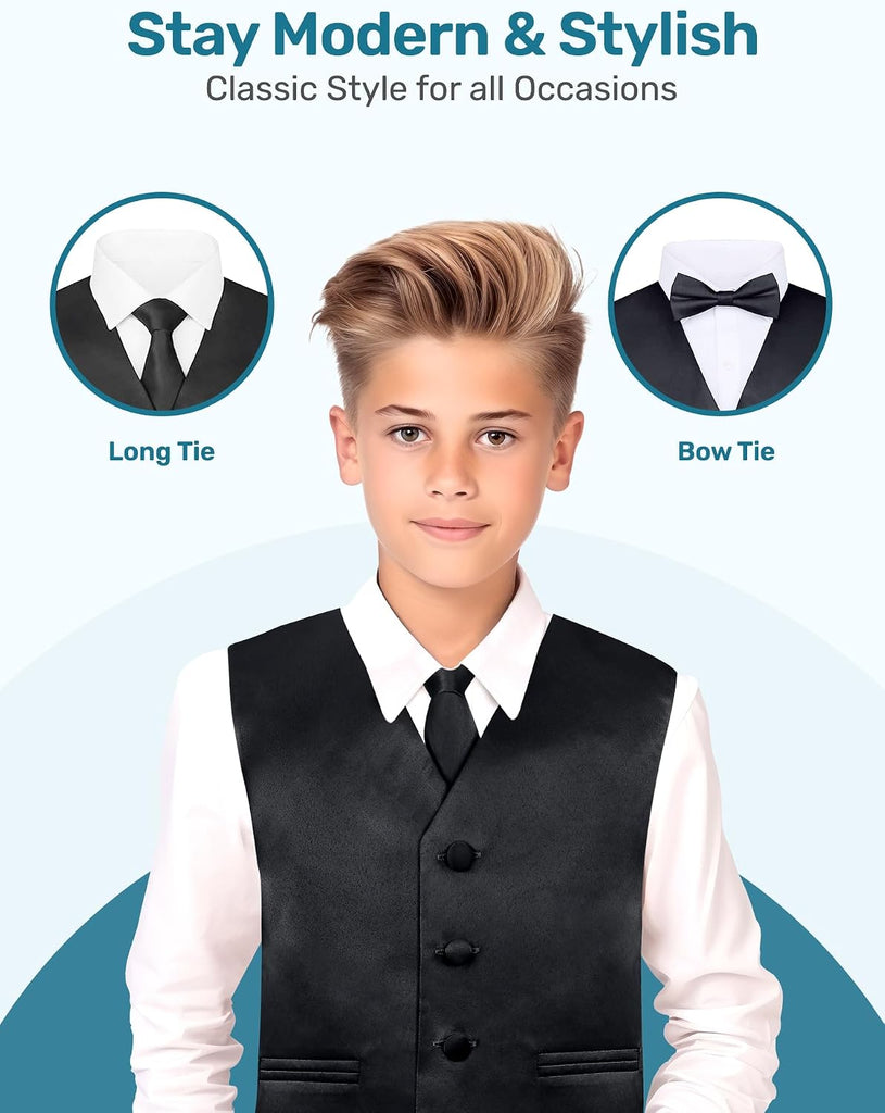 Boys 4 Piece Vest Set with Pre-Tied Bow Tie, Necktie & Pocket Square
