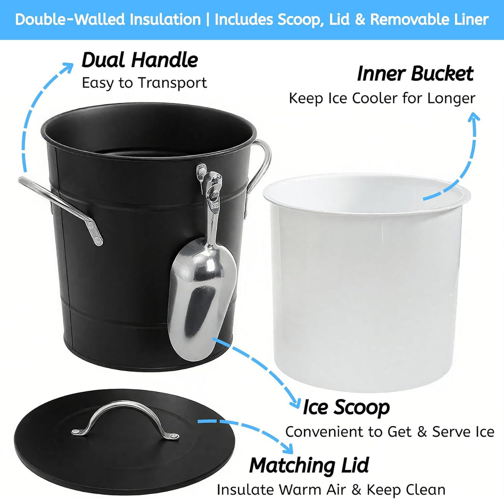 4L Ice Bucket with Scoop and Lid, Double Walled Insulated Wine Bucket Chiller with Carry Handles, Beverage Tub