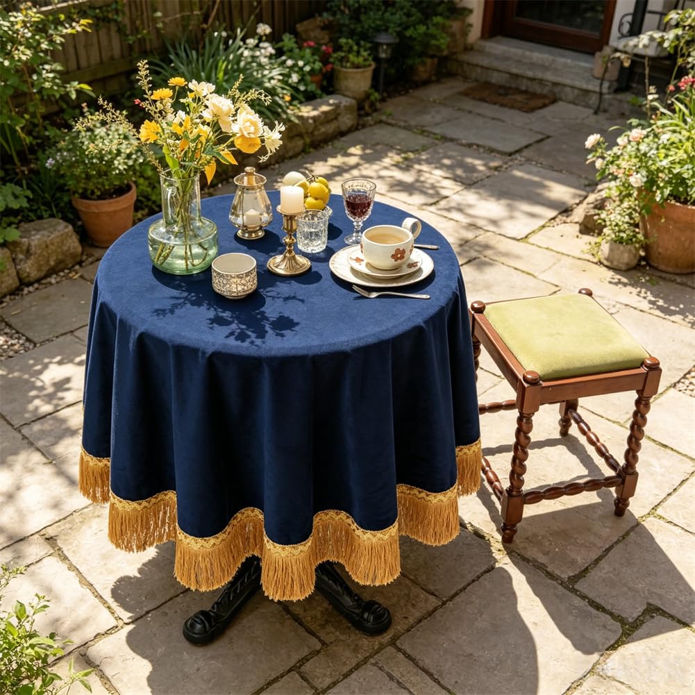 70 Inch Round Velvet Tablecloth, Navy Blue Decorative Table Cover with Gold Tassel Trim, Heavy Soft Plush Fabric