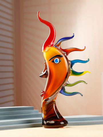Murano-Style Hand bolow Art Glass face sculptuer - 17.31" Tall Mouth-Blown Crafts Home Office Bedroom Living Room