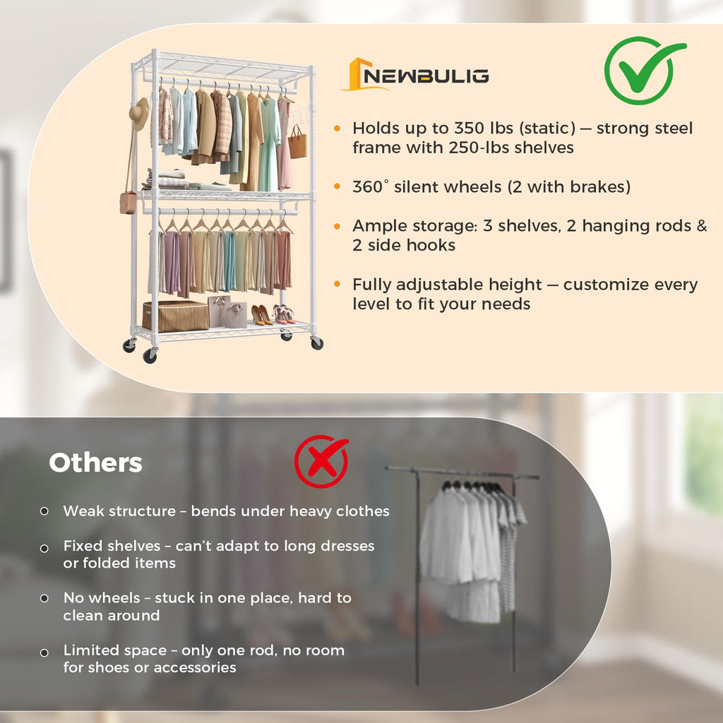 47'' Heavy Duty Garment Rack with Wheel, 3-Tier Clothing Rack