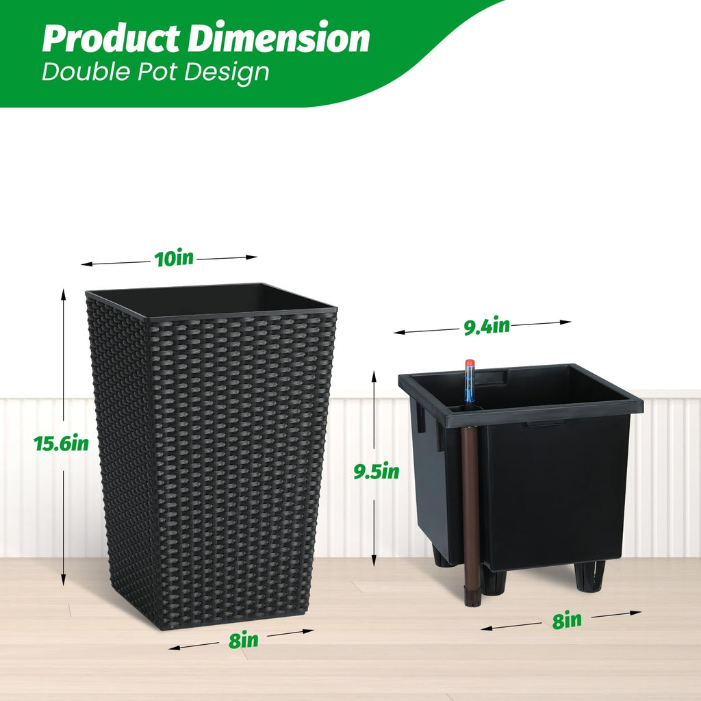 16 Inch Tall Rattan Planter Set of 4, Self Watering Plant Pots with Water Level Monitor, Outdoor and Indoor Flower
