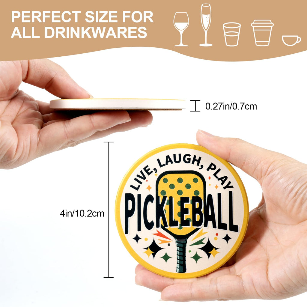 TM Pickleball Themed Coaster Set, 6 Pieces, Ceramic, Vibrant Designs, Inspirational Quotes, Metal Holder, Gift