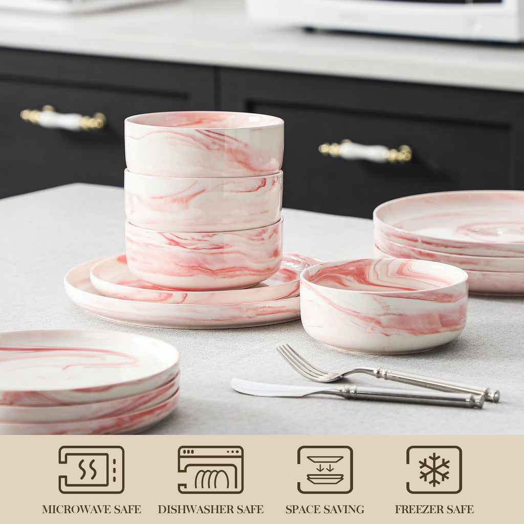 12 Pcs Porcelain Plates and Bowls Sets,Dinnerware Set for 4,Pink