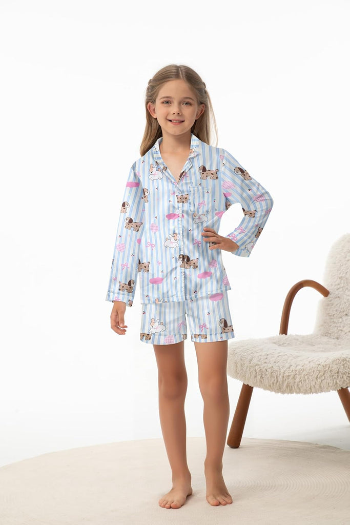 Girls Pajamas 3 Piece Satin Long Sleeve Long Pants with Shorts PJs Set for Girls Kids Sleepwear