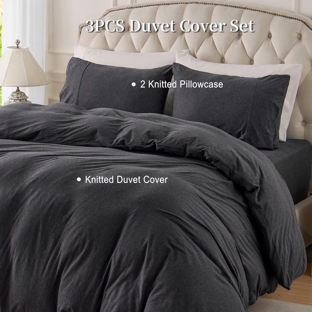 Knit Duvet Cover Set 100% T-Shirt Cotton Super Soft Comfy 3pc Bedding Set with Zipper Closure (Heather