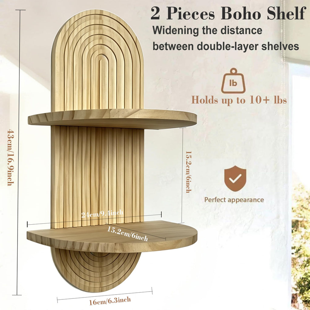 Boho Plant Wall Shelf Set of 2, Floating Shelves Decor