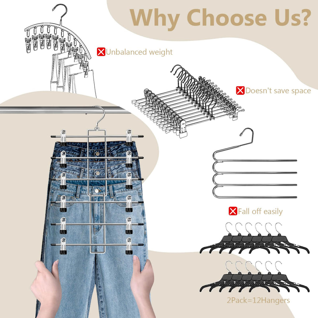 Pants Hangers with Clips, Space Saving Hanging Closet Organizer-6 Tiers Skirt Hangers with 360° Swivel Hook, Closet