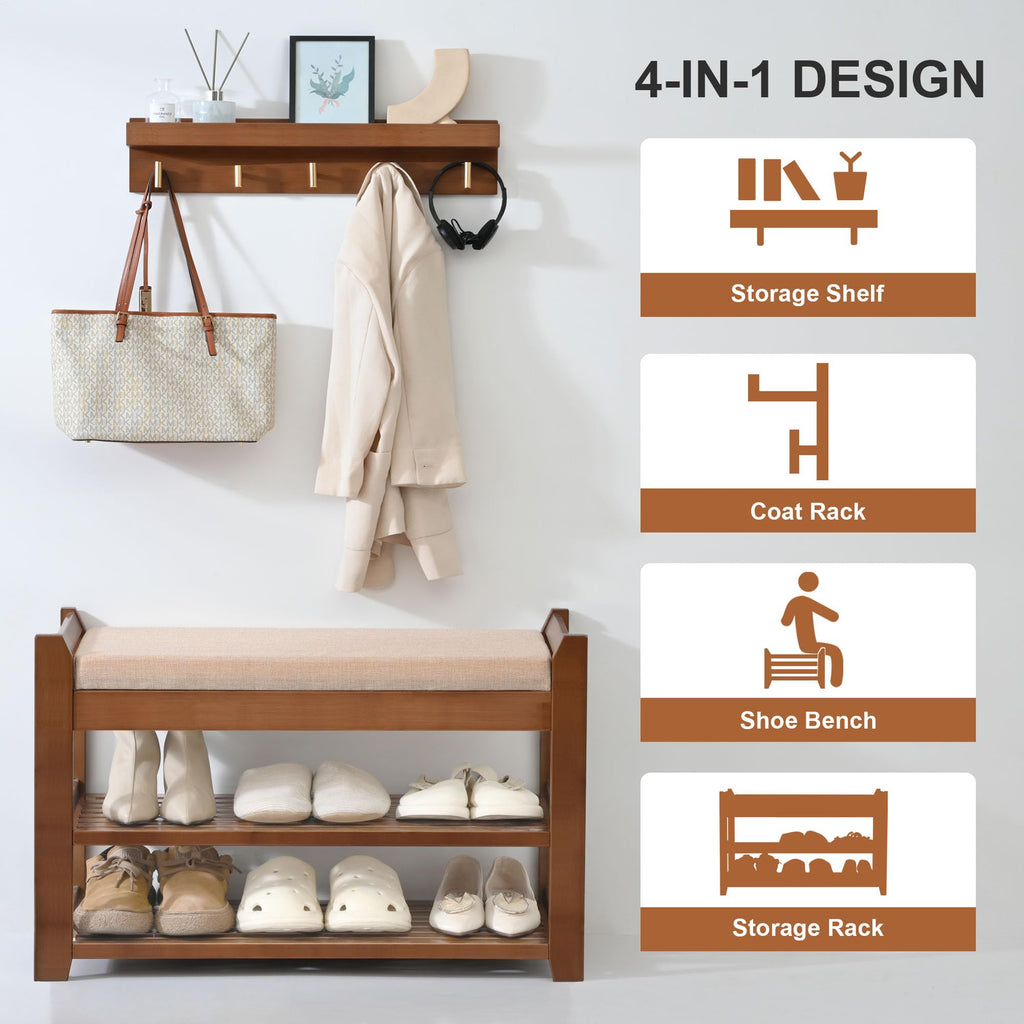 Shoe Rack for Front Door Entrance, 28" Entryway Bench with Coat Rack, Hall Tree Shoe Bench with Storage for Entry