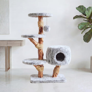Modern Cat Tree Tower with Cave, Real Wood Cat Scratching Post with Bed for Indoor Cats Large Adult, Solid Wooden