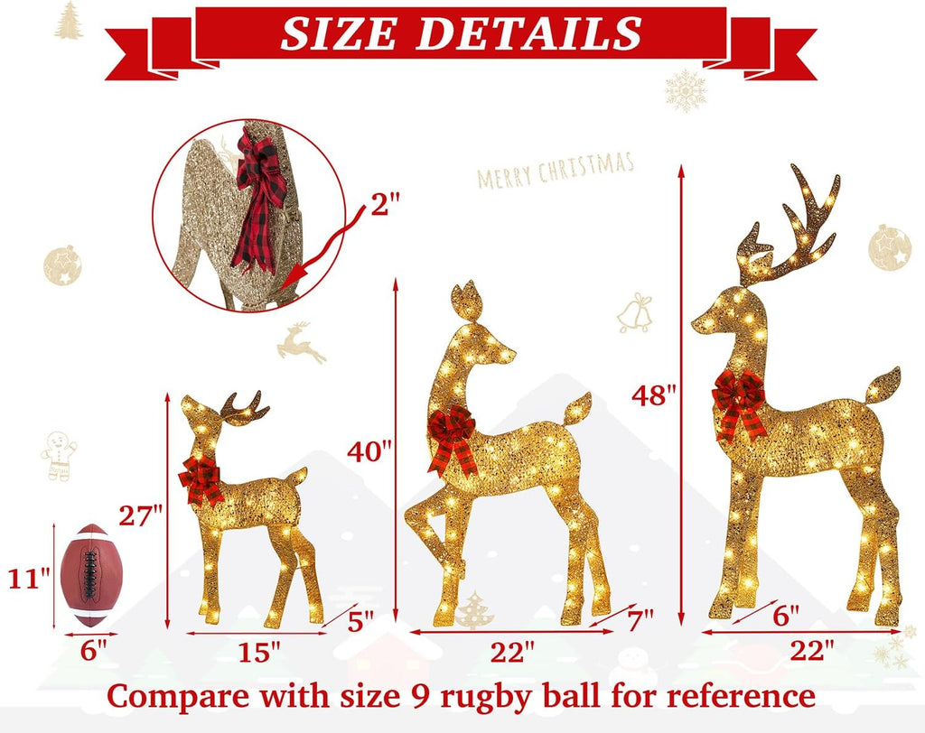 48 Inch 2.5D Gold Lighted Christmas Deer Decorations 3-Piece Outdoor Holiday Decorations Reindeer Set with 145 Warm