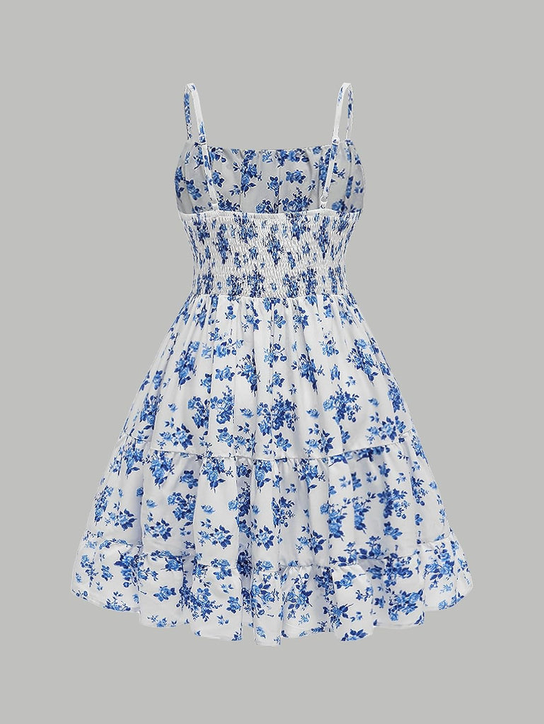 Girl's Floral Sleeveless Ruched Ruffle Hem A Line Cami Short Dress