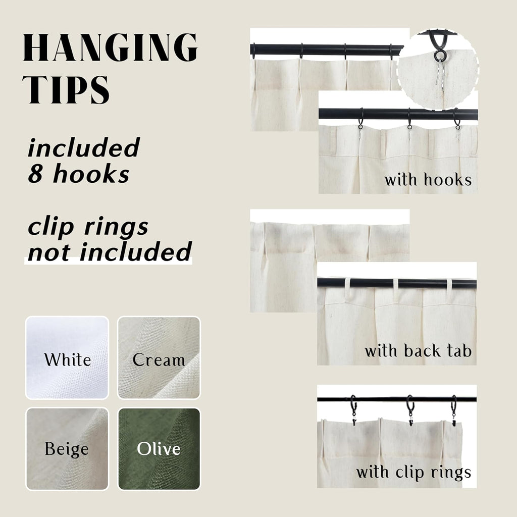 Pinch Pleat Cafe Curtains 24 Inch Length for Kitchen Window Over Sink, Cream Linen Light Filtering Sheer Farmhouse