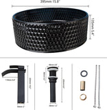 Black Crystal Bathroom Vessel Sink with Waterfall Faucet and Drain Combo,16 Inch Diamond Shaped Tempered Glass Sink